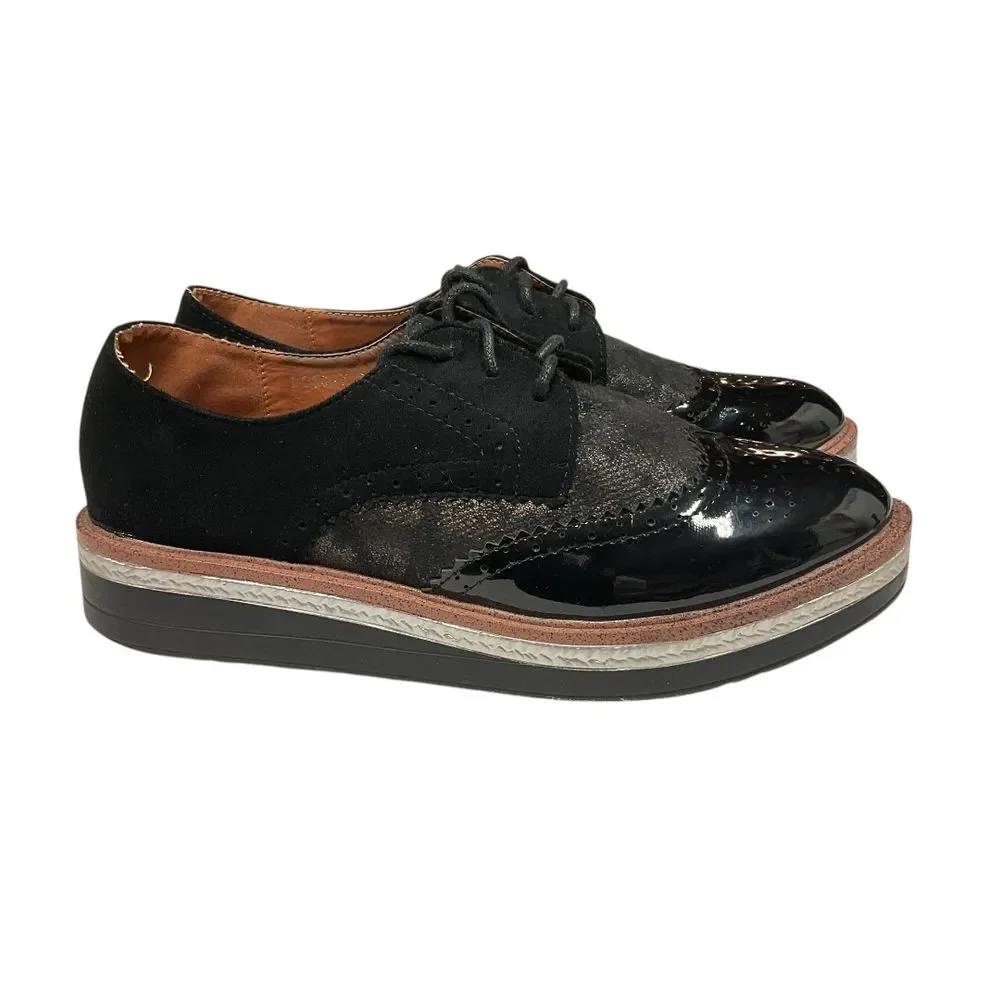 CINK-ME Patent Leather Oxford Platform Wingtip Brogue Shoes Black Texture Size 7